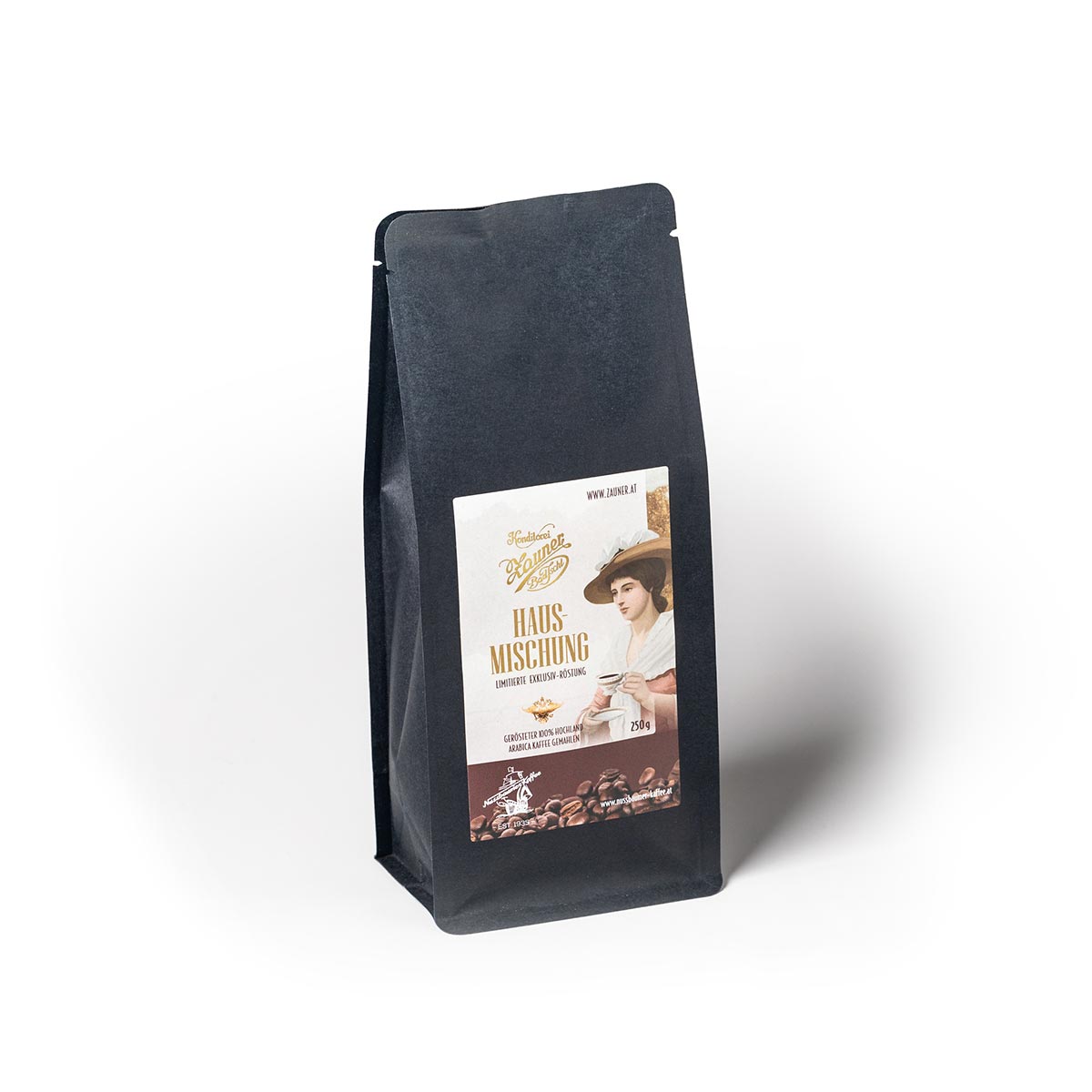 Zauner Hausmischung 250 g in dunkler Verpackung: Beste Hochland-Arabicas, zarter Geschmack, liebevoll im Salzkammergut geröstet.