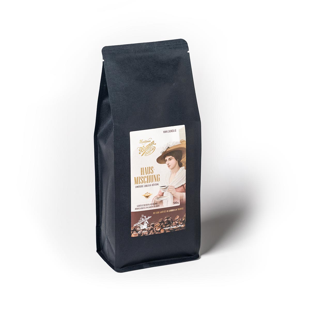 Zauner Hausmischung 500g mit Beste Hochland-Arabicas, handverlesen und zartem Geschmack in dunklem Kaffeebeutel.